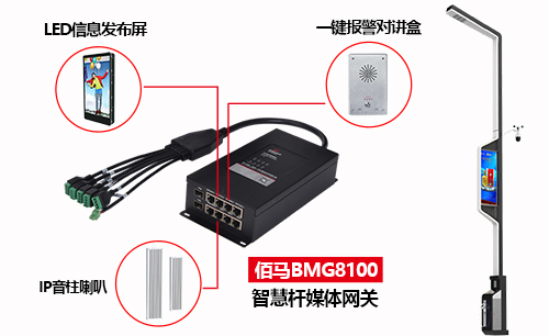 智慧路灯杆可以搭载媒体显示屏、IP音柱喇叭、智能互动信息终端、远程语音通讯等多类型媒体设备，通过智能媒体网关实现高效便捷的集中通信、控制和运营管理，提供丰富的智慧路灯杆媒体展现服务。